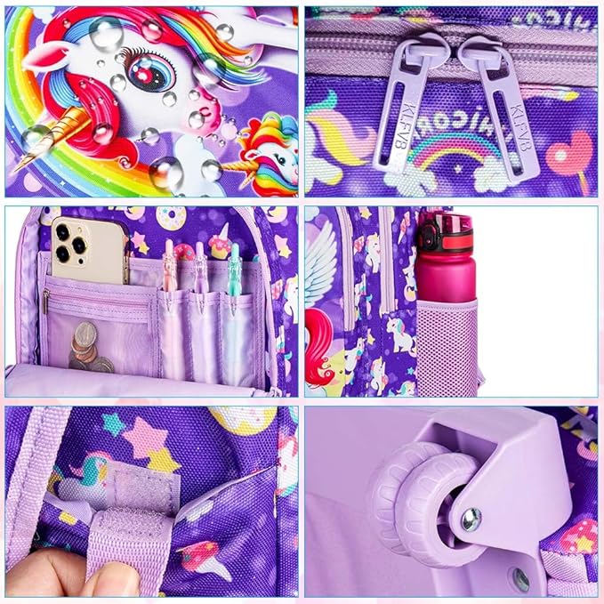 adjustable handle and double zipper,smooth and non-jamming.High-quality waterproof material, precision stitching, Rolling Backpack for Girls, Unicorn School Backpacks with Wheels