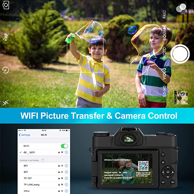 Monitech 4K Digital Cameras for Photography, Video Camera with Wide-Angle & Macro Lenses, Flip Screen vlogging Camera for YouTube, External Microphone, 16X Digital Zoom Camera,32GB TF Card