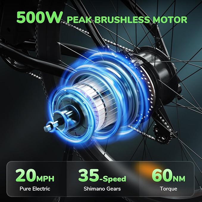 500W peak high-speed motor, producing a top speed of up to 20MPH (32KM/H). The M10 e-bike is capable of achieving 39-43 miles, Ebike Peak 500W 32KM/H, Portable Electric Bicycle with 375WH Removable Battery, Shimano 35-Speed,