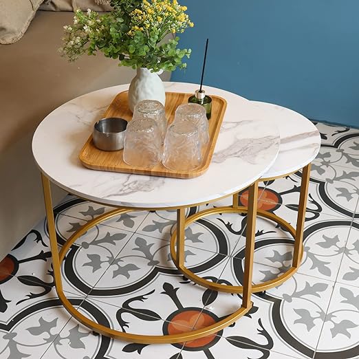 2 Side Set Golden Frame Circular Round and Marble Pattern Wooden Tables, Coffee Table