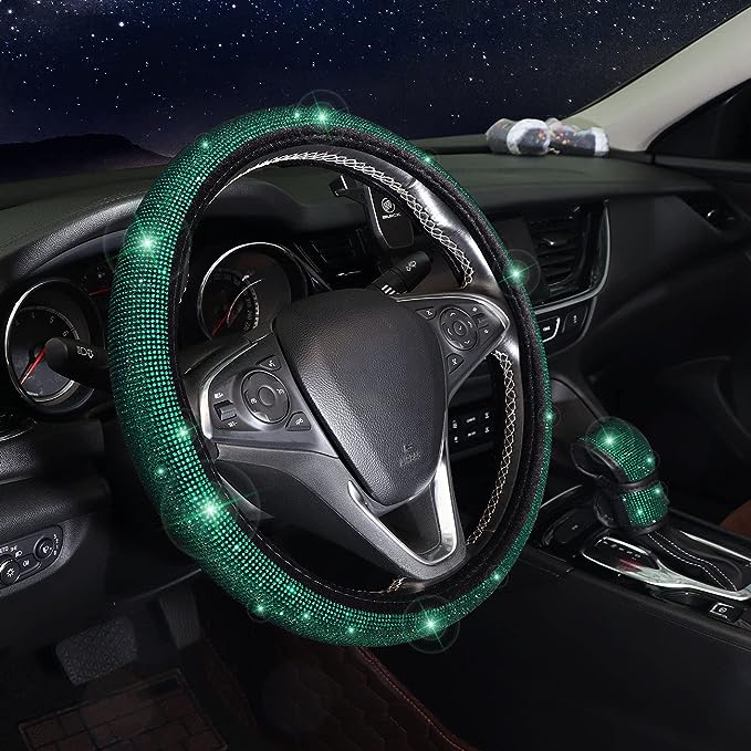 Bling Car Accessories Set, Leather and Top diamond craft work. The Bling Crystal Steering Wheel Cover made of durable microfiber leather and diamond, consisted hundreds of shiny rhinestones. Super Sparkly, Better Spotlight, Non-Dropping Diamond,