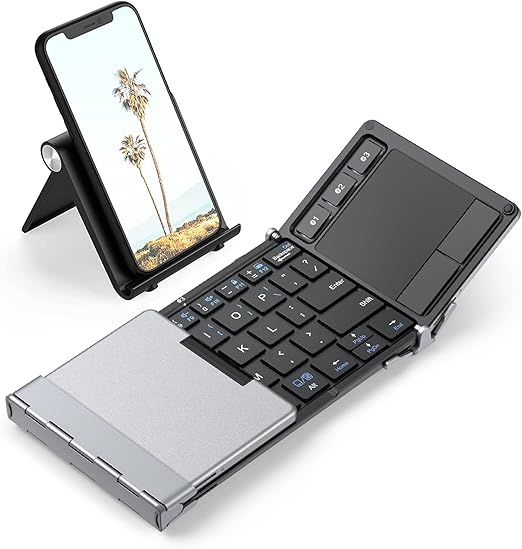 works seamlessly with various operating systems including Windows, macOS, Android, Samsung, tablets, smartphones and laptops, Bluetooth Keyboard, BK08 Portable Folding Keyboard with Touchpad (Sync Up to 3 Devices), Pocket-Sized Tri-f