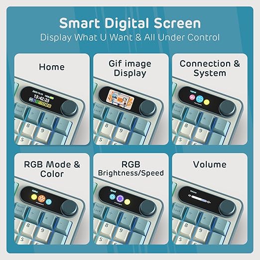 connection modes, backlit brightness/speed, RGB modes/colors with a simple twist or click of the knob.Top Mount 96% Wireless Mechanical Keyboard BT/2.4G/USB-C, Hot Swappable, Software Support, Massive Battery, 98 Keys
