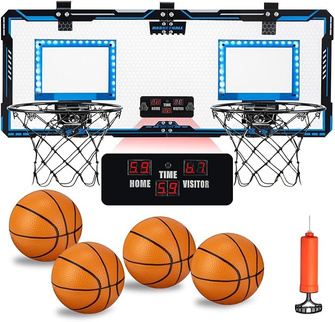 This basketball hoop is a nice toy for 4 5 6 7 8 9 years old boys and girls.Indoor Double Shot Over The Door Basketball Hoop with LED Light, Electronic Scoreboard and 4 Balls for Bedroom