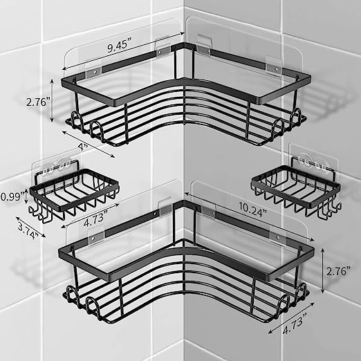 Shower Caddy Shelf Organizer Storage: 4-Pack Adhesive Wall Mount Shower Shelf & Soap Dish Holder & Built-in Hooks, Inside Shower Caddy Basket Shelves, No Drilling Bathroom Rack Black