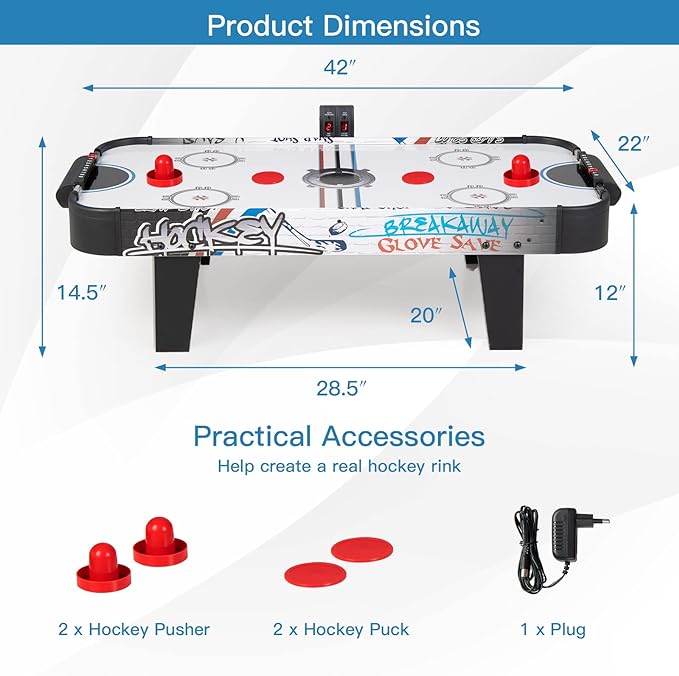 design can prevent injuries caused by accidental collisions.Table Top Air Hockey with 2 Pucks, 2 Pushers , Mini Air Hockey Arcade Table for Kids Adults
