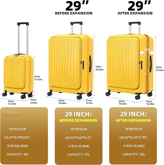 29 Inch Side Opening Checked Suitcase & 20 Inch Carry On Luggage with Front Pocket,