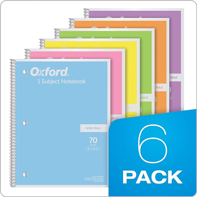 Each notebook contains 70 sheets of wide-ruled, double-sided paper that resists ink smearing and bleed-through,  Notebooks, Spiral Notebook 6 Pack, 1 Subject, Wide Ruled Paper, 8