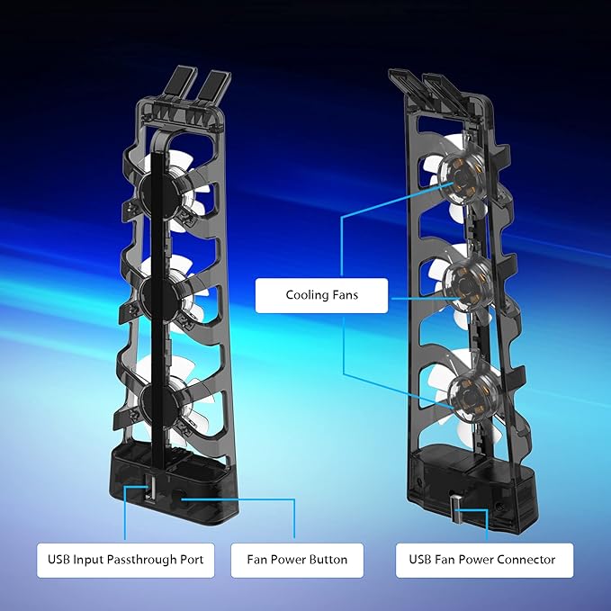 fans that help quickly dissipate excess heat created by the P-5 console, greatly improving the console's lifespan and performance. PS5 Accessories Cooling Fan with LED Light, Auto on/Off with System, Efficient Cooling System, Easy to Install,