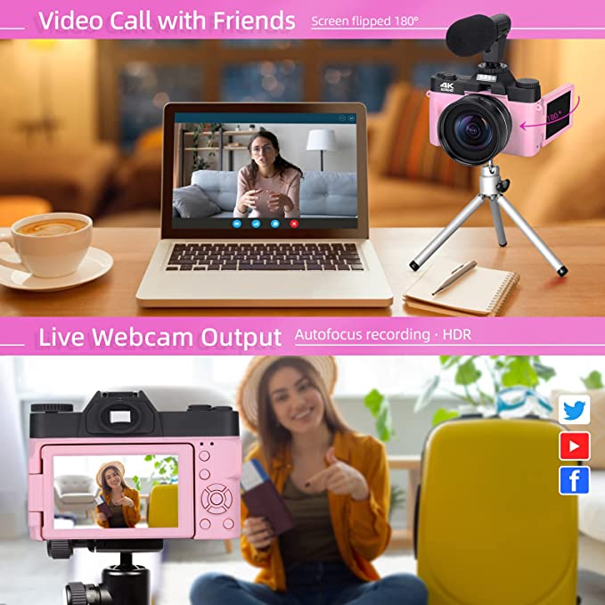 Monitech 4K Digital Cameras for Photography, 16X Digital Zoom Camera, Video Camera with Wide-Angle & Macro Lenses, Flip Screen vlogging Camera for YouTube, External Microphone, 32GB TF Card - Pink