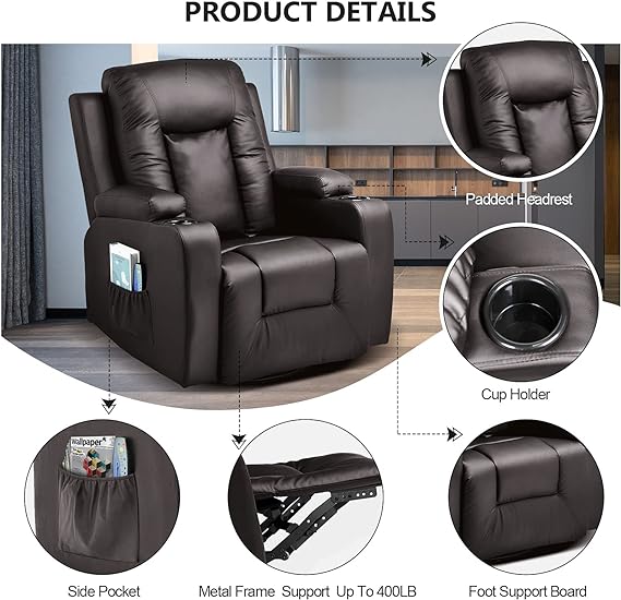 360 Degree Swivel Single Sofa Seat with Drink Holders Living Room Chair Brown