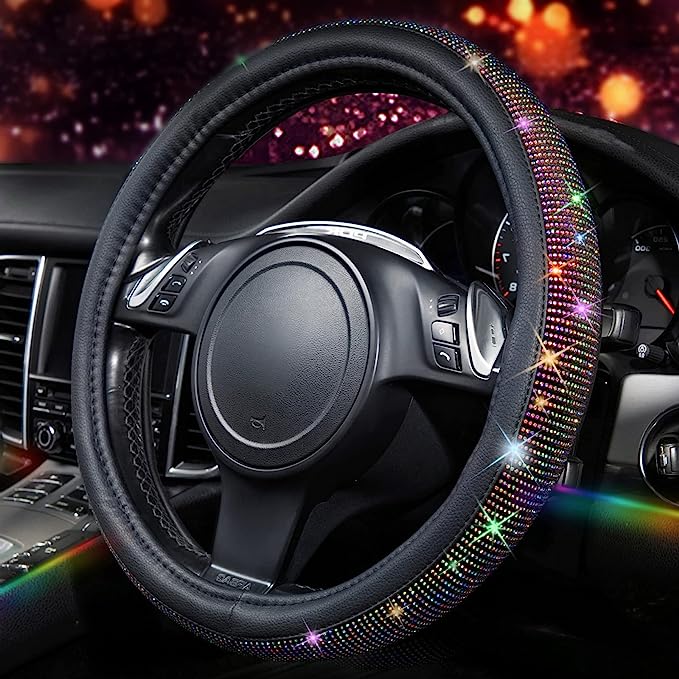 Diamond Leather Steering Wheel Cover, cute steering wheel cover not only bringing you an excellent visual feel, but also relieving you from driving fatigue, more comfortable and soft touch. Colored Diamond steering covers sparkle in the sun,