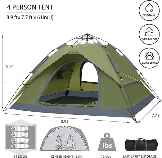 designed for 5 person or a whole family. The camping tent with a center height of 61 inches and 8.9 x 7.7 ft base size. Waterproof Family Tents with Rainfly for Camp and Outdoor 8.9’X7.7’X61
