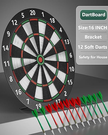 Safty dart board set is a good gift for kidsin Children's day, 12 Rubber Soft Tip Darts Office Relaxing Sport for Kids and adult. Dart Board for Kids,16.5 Inch