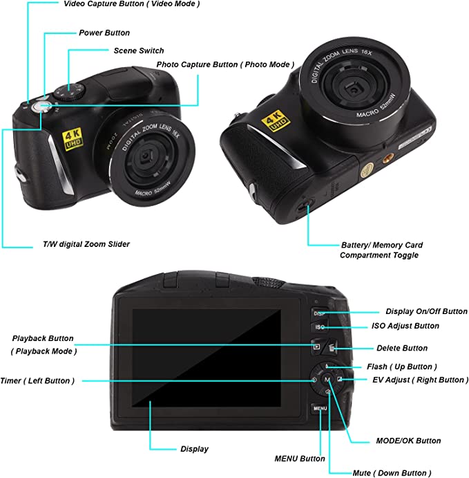 4K Digital Camera, 48MP HD Digital Video Camera Camcorder with 3.2in IPS Screen, 16X Digital Zoom Vlog Camera, for Photography