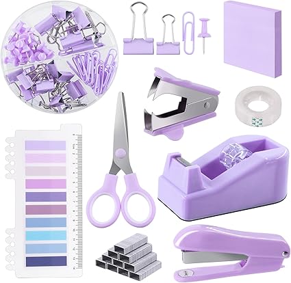 supplies kit is made of high-quality plastic material which is reliable, clear and bright. Purple desk accessories,  Desk Accessories Including Stapler, Tape Dispenser, Staple Remover, Tabs, Scissors, Staples, Tape,