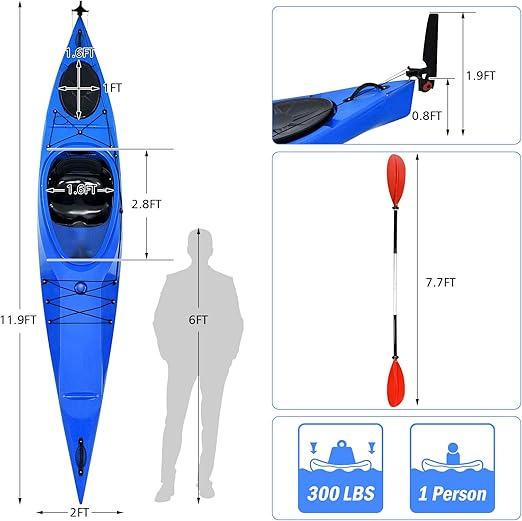 durable keel on the bottom which can add stability in the water while effectively reducing the air and water resistance, Detachable Rudder, Storage Bin, Cup Holder, Single 12 FT Sit-in Kayak Blue