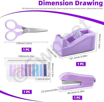 supplies kit is made of high-quality plastic material which is reliable, clear and bright. Purple desk accessories,  Desk Accessories Including Stapler, Tape Dispenser, Staple Remover, Tabs, Scissors, Staples, Tape,