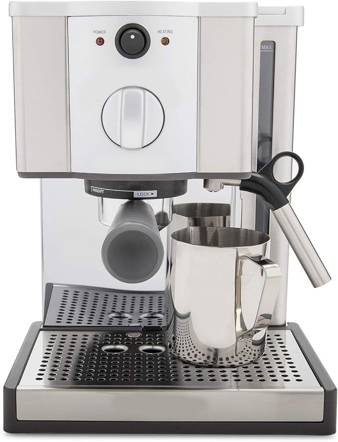 Stainless-steel espresso machine with 15-bar thermoblock pump, Removable drip tray and grid; Frothing jug included, Espresso Machine, Brushed Stainless