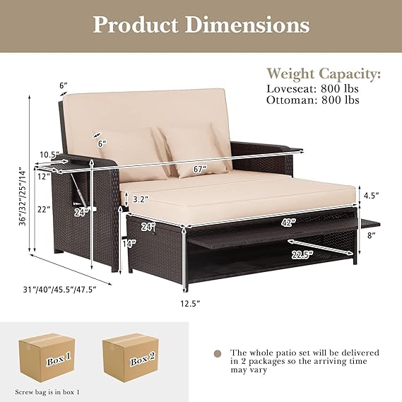 luxurious double chaise lounge or a stylish double sofa with a side table,Adjustable Backrest, Retractable Side Trays, Sun Lounger for Backyard,  Patio Wicker Daybed Set, Outdoor PE Rattan Loveseat Sofa with Ottoman