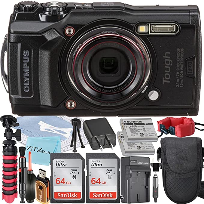 Olympus Tough TG-6 Digital Camera (Black) + 2 Pieces SanDisk 64GB Memory Card + Extra Battery + Case + Tripod + ZeeTech Accessory Bundle