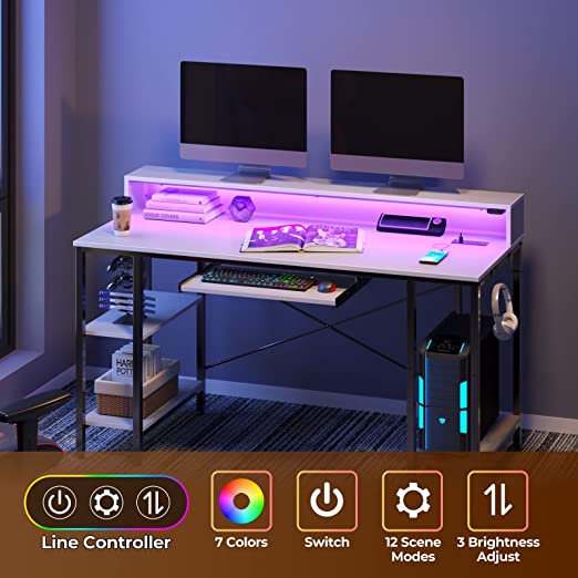 LED Lights Desk with Storage Shelf, Power Outlets, Height Adjustable Electric