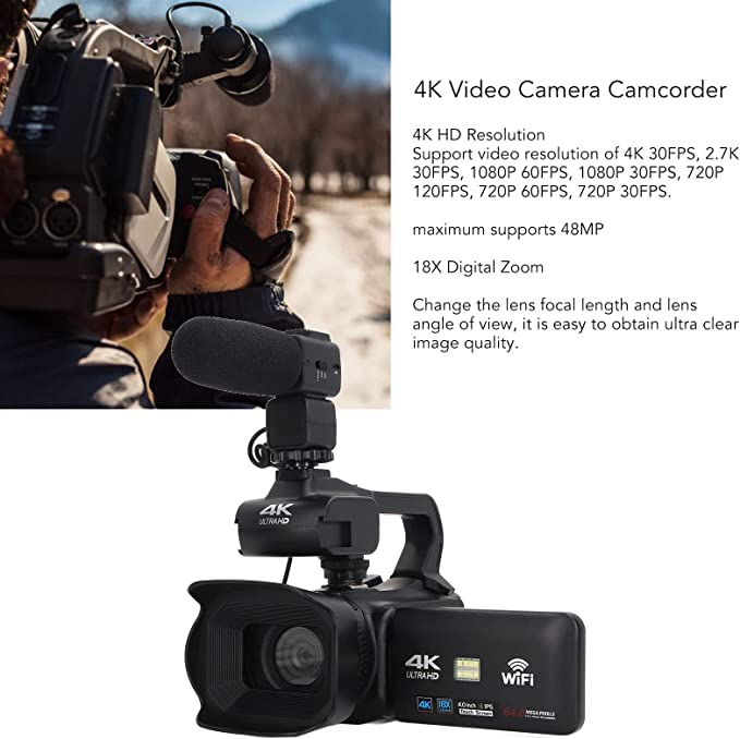 4K Video Camera, Camcorder 48MP HD WiFi Touch Screen Vlogging Camera, 18X Digital Zoom with Microphone Stabilizer Lens Hood Remote