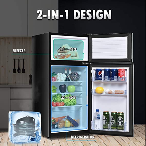 Mini Fridge with Freezer, 3.4 Cu.Ft Compact Refrigerator/Freezer Cooler w/ 7 Settings Temperature Adjustable, Removable Shelves & 2 Doors, Mini Fridge for Bedroom/Dorm/Apartment/Office (White)