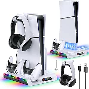 PS5 slim equipped with dual controller charging port can charge for DualSense controllers,Charging Stand with Cooling Fan for PS5 Slim Console, Dual Controller Charger Station with 9 RGB Lights & Headset Hook & 3-Level Silent Fan, Cooler Accessories