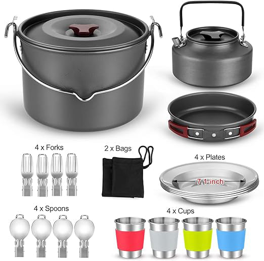 Camping Cookware Set: The 22 pieces Camping Cooking kit, 22pcs Camping Cookware Mess Kit, Large Size Hanging Pot Pan Kettle with Base Cook Set for 4,
