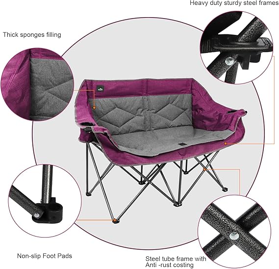 This double camping chair provides ample seating space for two people,  Chair Portable Double Duo Full Padded Garden Chair for 2 Person Sofa w/ 2 Cup Holder,Wine Glass Holder,