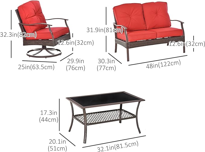 4 piece patio set with soft, thickly padded seat and back cushions provides a comfortable seating, Table, Loveseat, 2 Swivel Rocking Chairs and Cushions