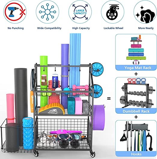 Yoga Mat Kettlebells and Strength Training Equipment, Weight Rack for Dumbbells, Weight Storage Holder Rack for Dumbbells with Wheels