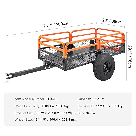 . Handle your yard work in one fell swoop with our high-capacity trailer.1500-Pound Load Capacity 15 Cubic Feet, Tow Behind Dump Cart Garden Trailer, with Removable Sides and 2 Tires