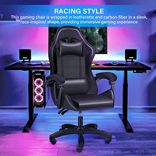 Gaming Chair, Office Computer Chair Ergonomic Racing Leather Reclining Desk Chair with Lumbar Support and Adjustable Armrests