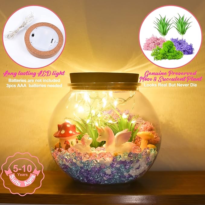 It is a miniature faux garden that simulates a natural environment.Light Up Unicorn Terrarium Kit for Kids - Unicorns Gifts for Girls - Make Your Own Unicorn Night Light Birthday Unicorn Toys
