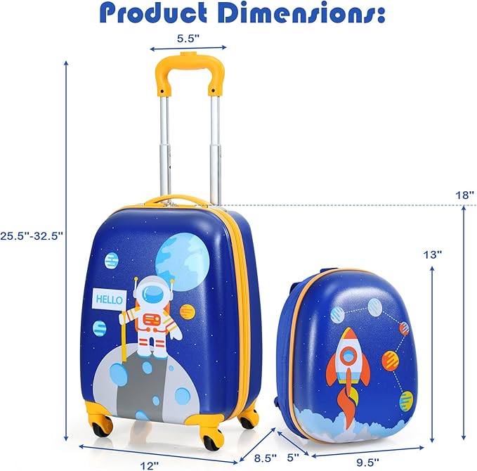 and they will gain hands-on ability and responsibility while enjoying this process.Suitcase, Children Rolling Luggage w/Wheels, Retractable Handle &4 Casters, 2Pcs Carry On Luggage Set