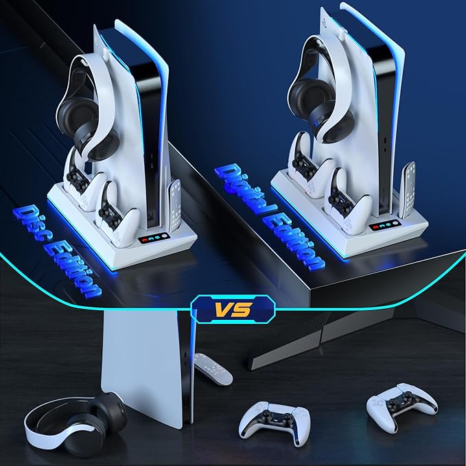 3 adjustable speed levels (low, medium, and high). PS5 Stand with PS5 Cooling Station and PS5 Charger Station for PlayStation 5 Accessories, PS5 Controller Charger Station with 3-Level Silent Cooling Fan,Media&Headset Holder,