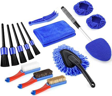 17Pcs Car Interior Detailing Kit long extension handle and rotatable triangular head design, it has full contact with the glass and can be rotated 180 degrees Kit with Windshield Cleaning Tool, Detailing Brush Set, Leather