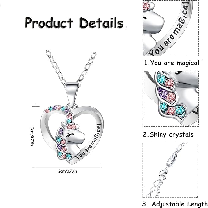 Unicorn jewelry set made of skin-safe alloy with sturdy hypoallergenic stainless steel chains, 5Pcs You are Magical Jewelry Set-Heart Pendant Bracelet Lovely Ring Unicorn