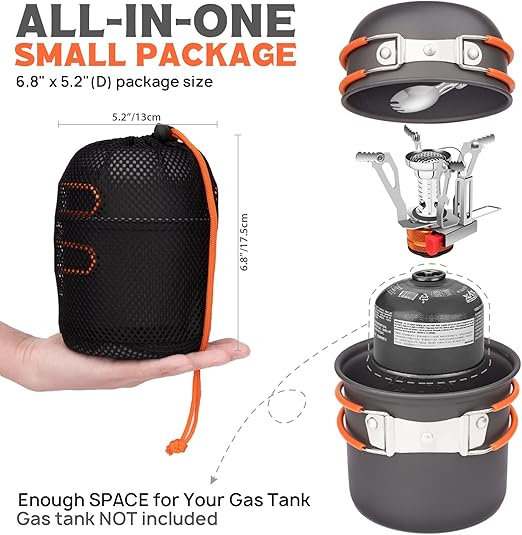 camping cookware made of aluminum alloy and stainless steel,Mini Backpacking Stove Stainless Steel Cup Spork and Tank Bracket Cleaning Tools Mesh Bag,