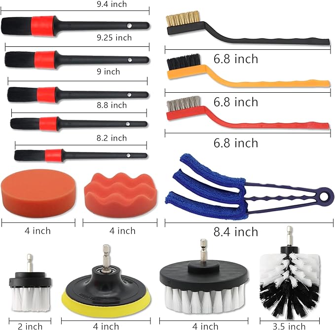 , 3 wire brush (steel/ brass/ nylon), 2 flat sponge pad, 2 wave sponge pad, 2 air vent brush, 1 suction cup+ rods.  19 Pack Automotive Cleaning Brush Kit