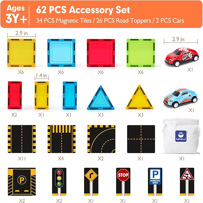 this set invites your child to build, race, and imagine without limits.Magnetic Tiles for Kids 3-5 with Road Toppers - STEM Kids Toys for 3 4 5 Year Old Boys Girls, Preschool Toys Magnetic Building