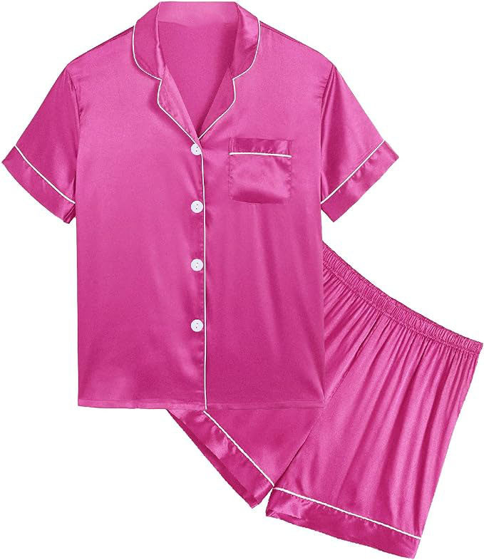 short sleeve top with a chest pocket, button-up closure, elastic waist shorts for a relaxed fit. Women's summer loungewear pajamas set with shorts.  Silk Satin Pajamas Set Button-Down PJs Two-Piece Lounge Sets Short