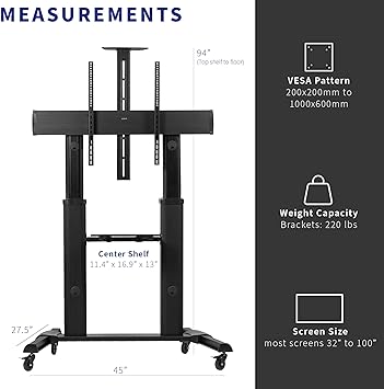The 114.3cm x 69.9cm base features 4 locking casters to make the cart stationary or mobile when desired, 100 inch Screens up to 100kg, LCD LED OLED 4K Smart Flat and Curved Panels
