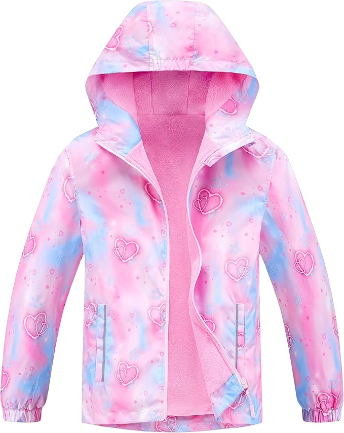 Reflective pieces around the back and front pockets enhance visibility and safety during outdoor activities, especially in dim or crowded environments. Girls Rain Jacket Lightweight Fleece Lined Raincoat