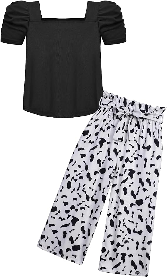 matching with elastic bow-tie long pants, allowing your child to match their needs in all seasons, 2 Pieces Outfits Kids Square Neck Puff Sleeve Tops and Pants Set with Pockets