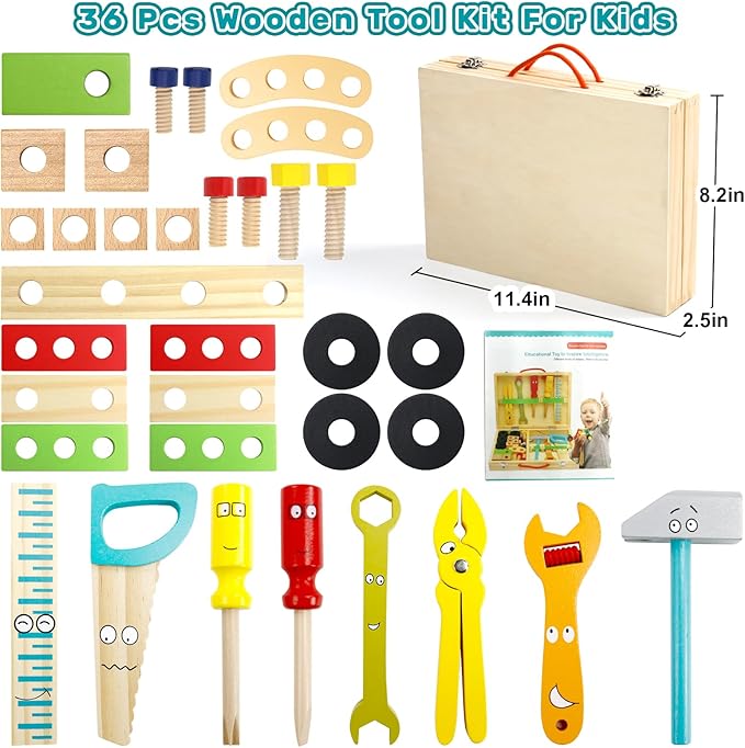 , it is a excellent educational toys tools box for 2 3 4 5 year old boys girls, Toddler Toys for 3 4 5 Year Old Boys Girls, Wooden Kids Tools Set Box Pretend Play Stem Building Educational Outdoor Toys for 3+ Birthday Gifts