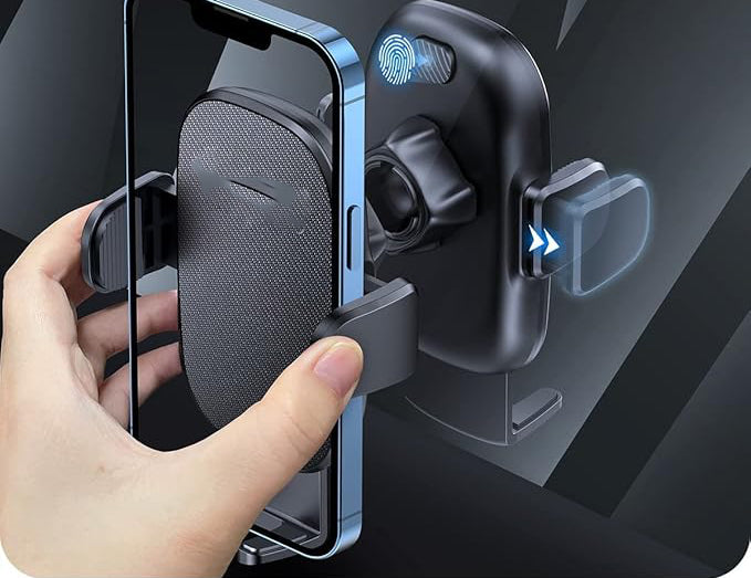 A strong suction cup securely locks on your windshield or dashboard to keep your smartphone safe and sound while you take calls and view navigation instructions, Phone Holder Windshield/Dashboard/Air Vent,