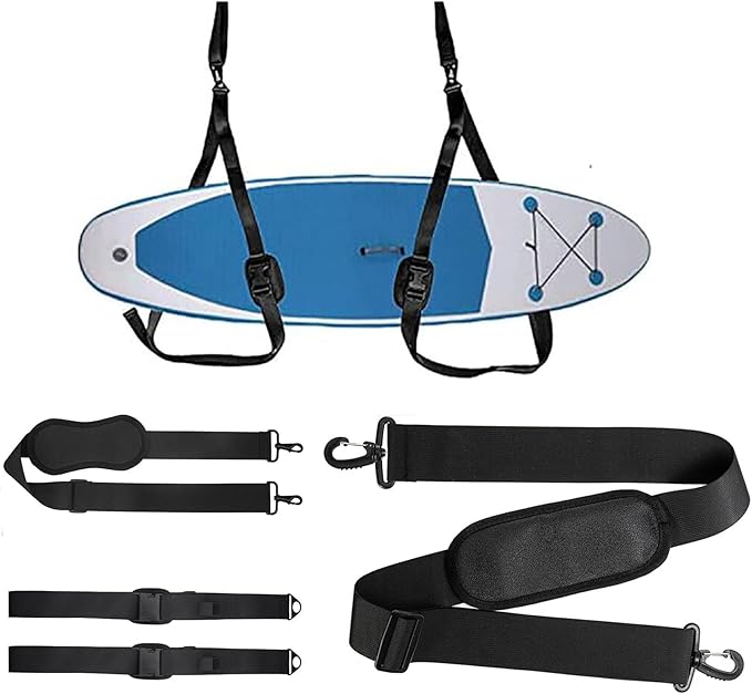 Adjustable Heavy Duty Carrying Bracket, Accessory Padded Shoulder Straps, The surfboard straps feature a simple buckle design that easily fastens and unfastens at the attachment point